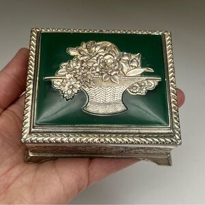 Vintage Japanese Silver Plated Trinket Box | Green Enamel Floral Basket Lid